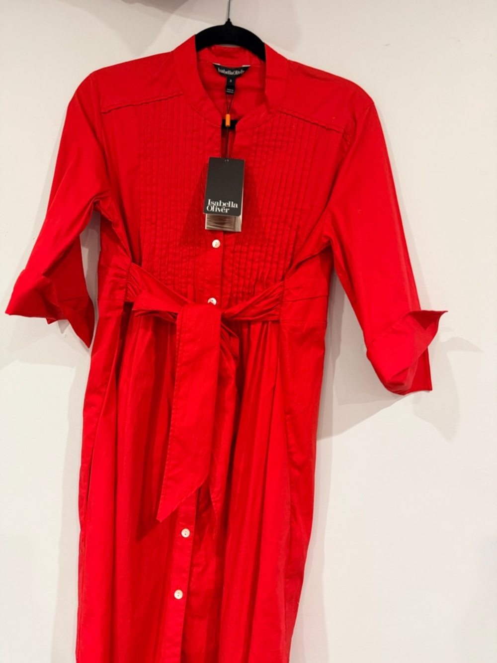 Isabella Oliver Vibrant Red Tie-Waist Pintuck Shirt Dress